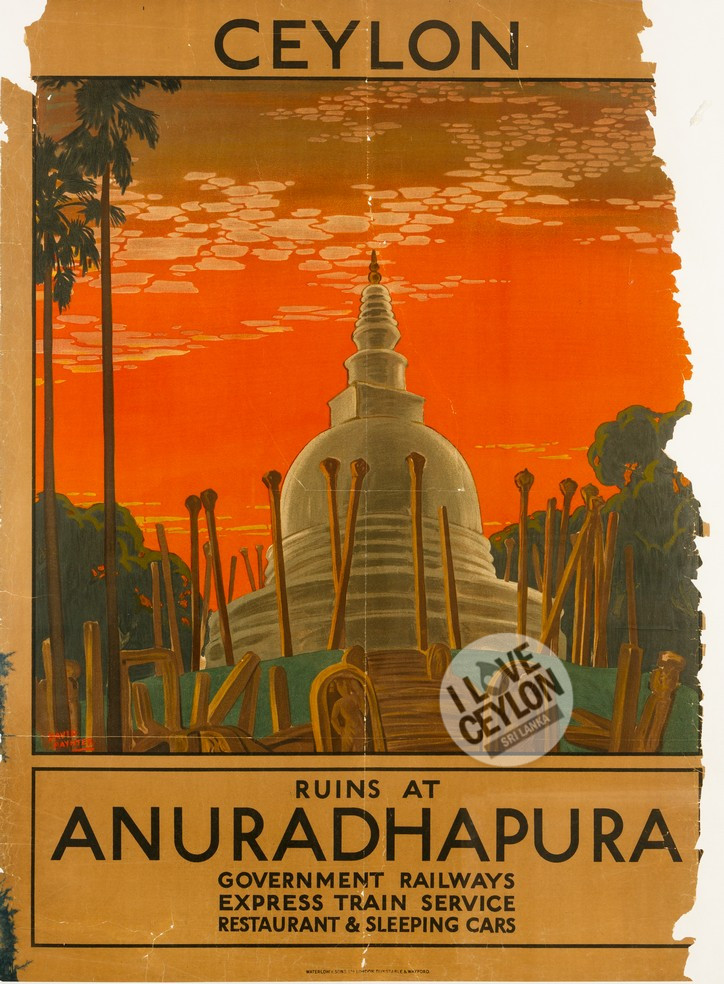 It's a poster of ruins of a ancient kingdom in Anuradhapura, with a temple in the background with a red sky. The text reads 'Ruins at Anuradhapura Government railways Express train services Restaurant and sleeping cars'