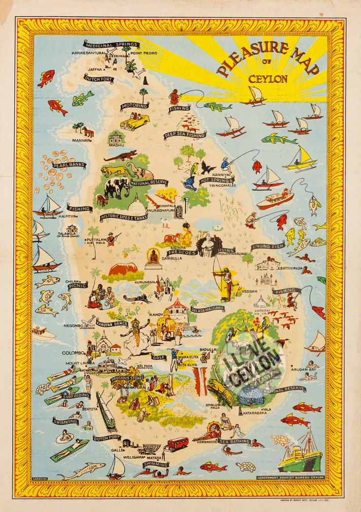 An old, hand drawn map of Sri Lanka highlighting the activities and tours that can be done around the country