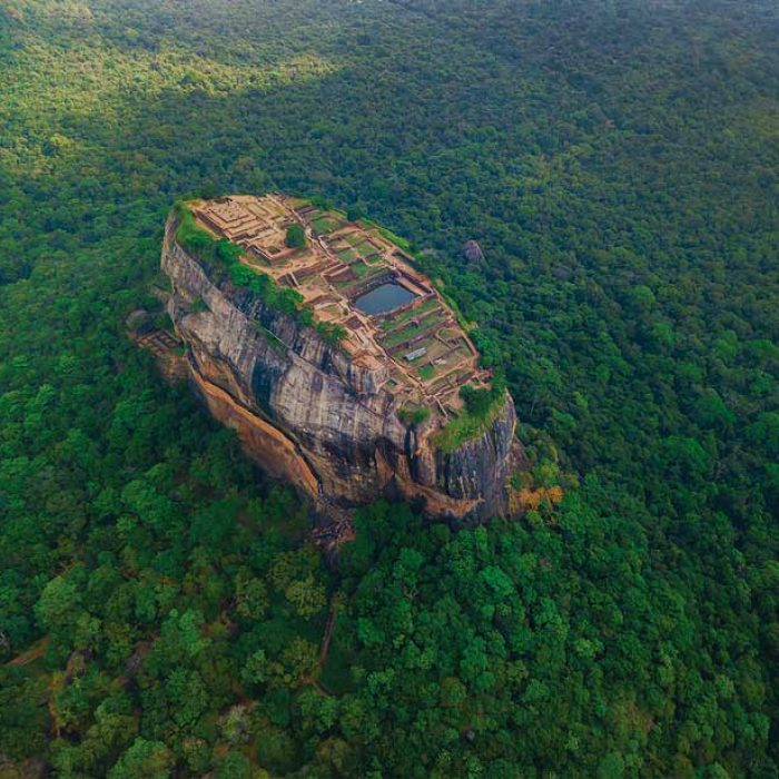 A drone shot of Sigiriya Rock Fortress
