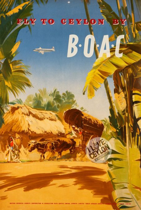 It's a poster of a rural village, where a woman is carrying something heavy. And a man is riding a bullock cart and there is a hay house in the background. And on the sky, there is a airplane. The text here says 'Fly to Ceylon by B.O.A.C'.